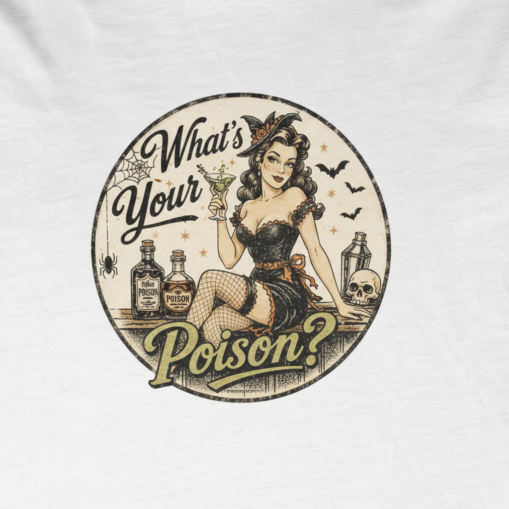 Pick Your Poison Vintage Look Shirt Gift For Bartender Halloween Tshirt Pin Up Girl Womens Fit Retro Punk Bar Staff Tee